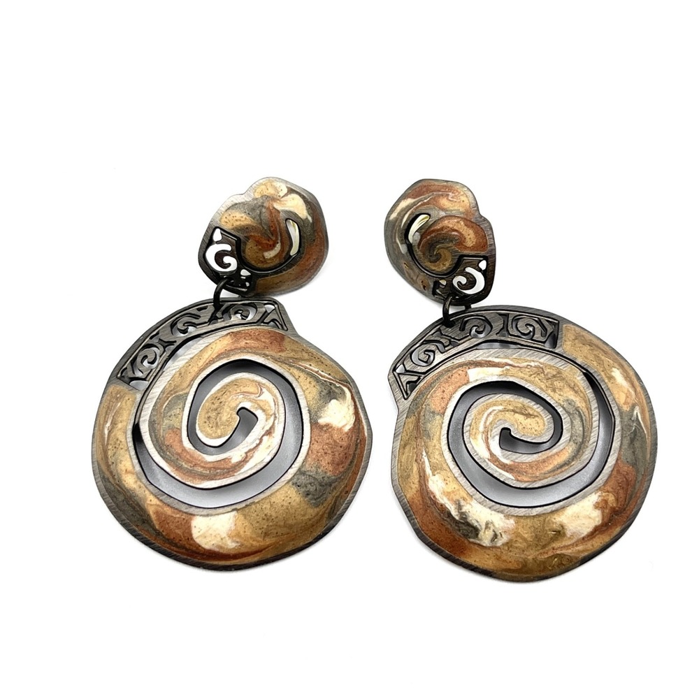 Vintage Edgar Berebi Gold Tone Brown Metallic Enamel Dangle Pierced Earrings